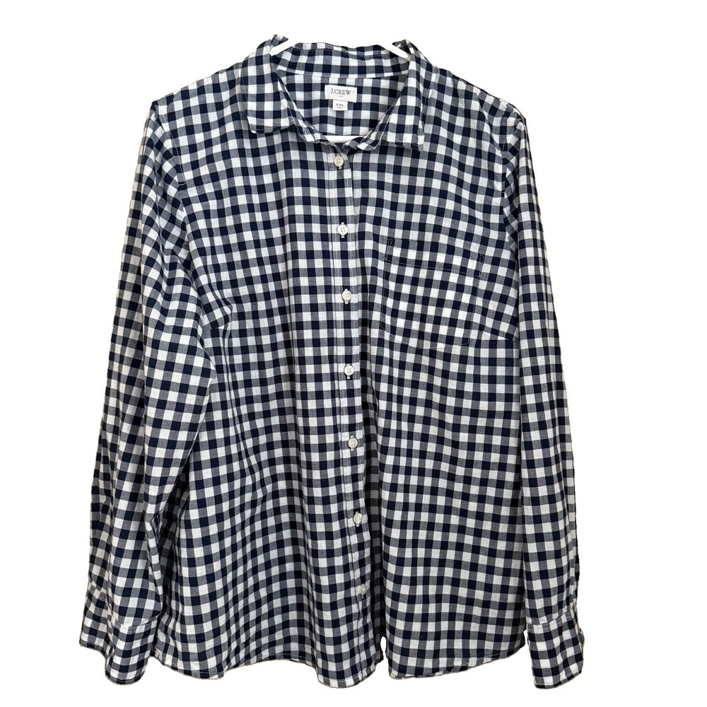 J Crew Navy White Gingham Check Button Up Shirt XXL Cotton L/S Preppy Academia